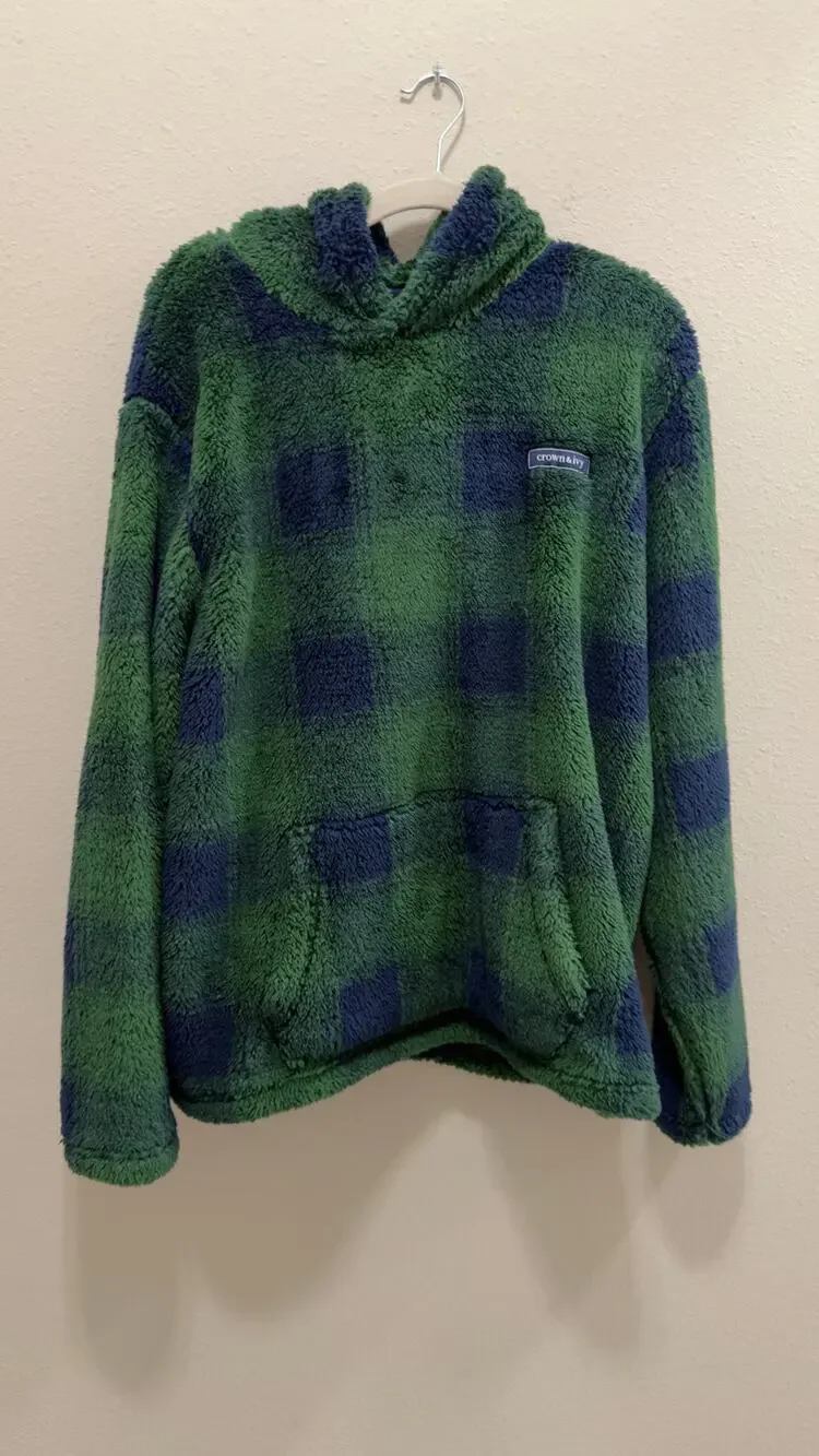 Crown & Ivy Green Plaid Sherpa Hoodie Mens Large Fleece Pullover